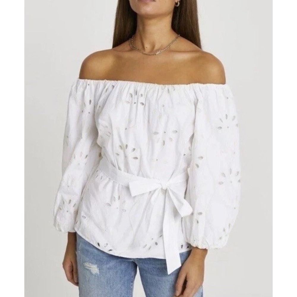 River Island Cream Broderie Anglaise Off Shoulders Belted Top Blouse Size 8